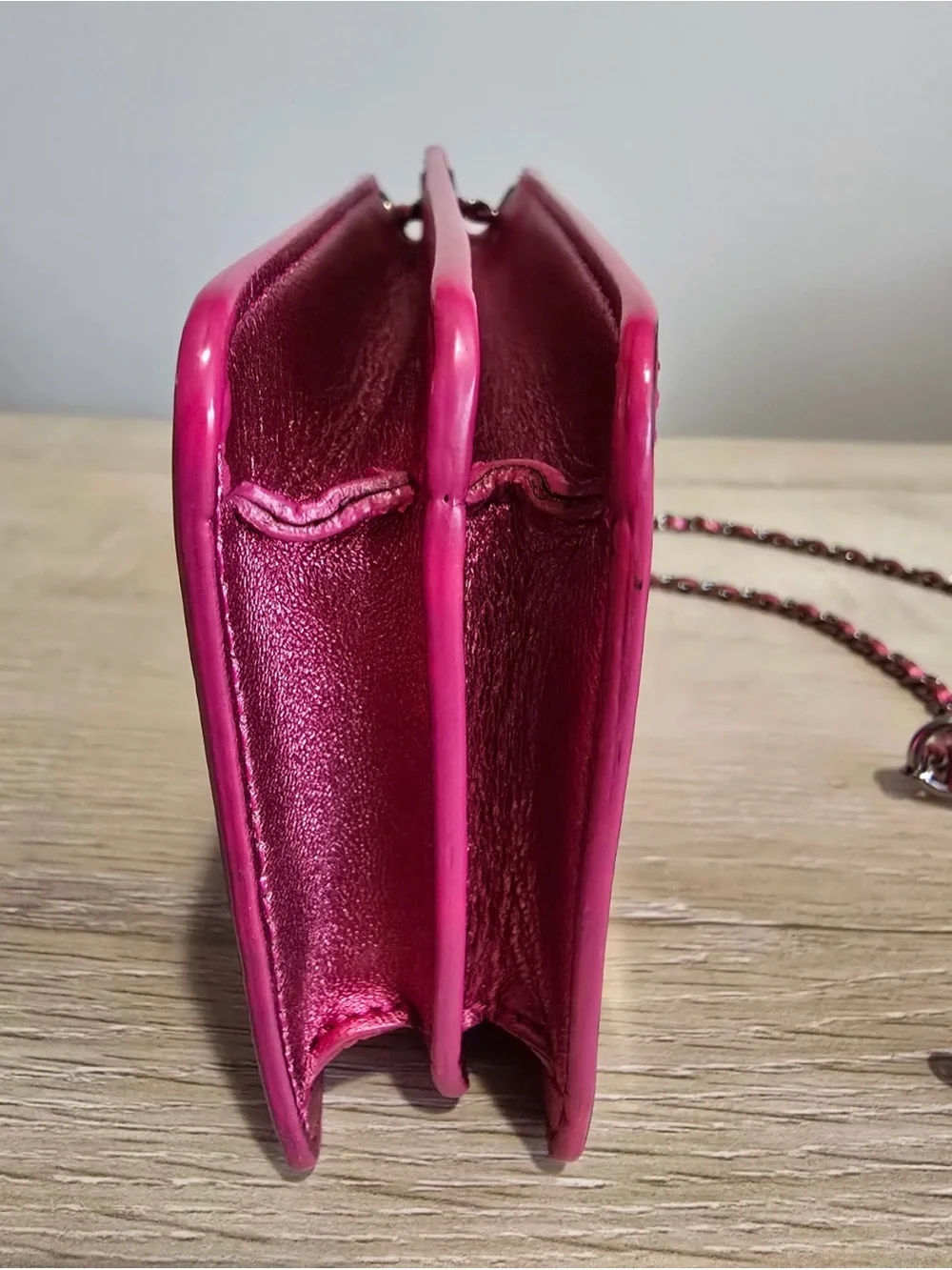 CHANEL Fuchsia Patent Leather CC Phone Crossbody with Chain Strap